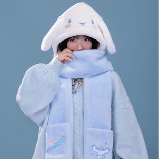 Sanrio Genuine Authorized Winter Women's Neck Warm Three-Piece Scarf Hat Gloves Cute Cartoon Hood