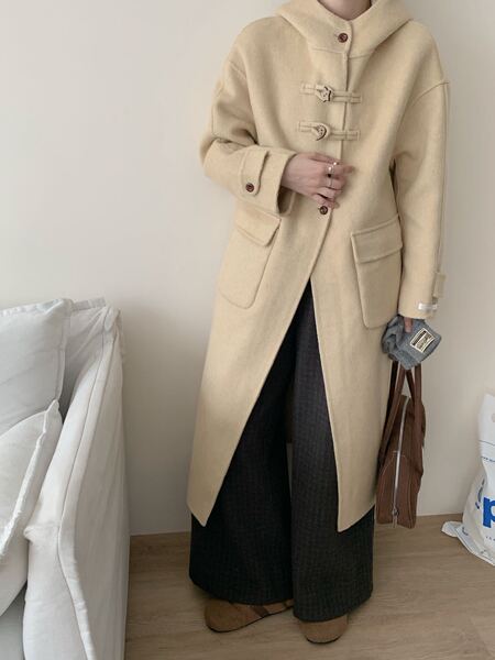 2025 College Style Hooded Wooden Button Korean Version Loose Double-Sided Wool Coat Women's Long Woolen Jacket Casual Versatile
