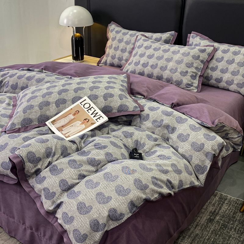 Winter A-Class Pastoral Style Pure Cotton Four-Piece Set, Thickened Brushed Cotton Double Bed Sheet, Duvet Cover, Pillow, Bedding Set