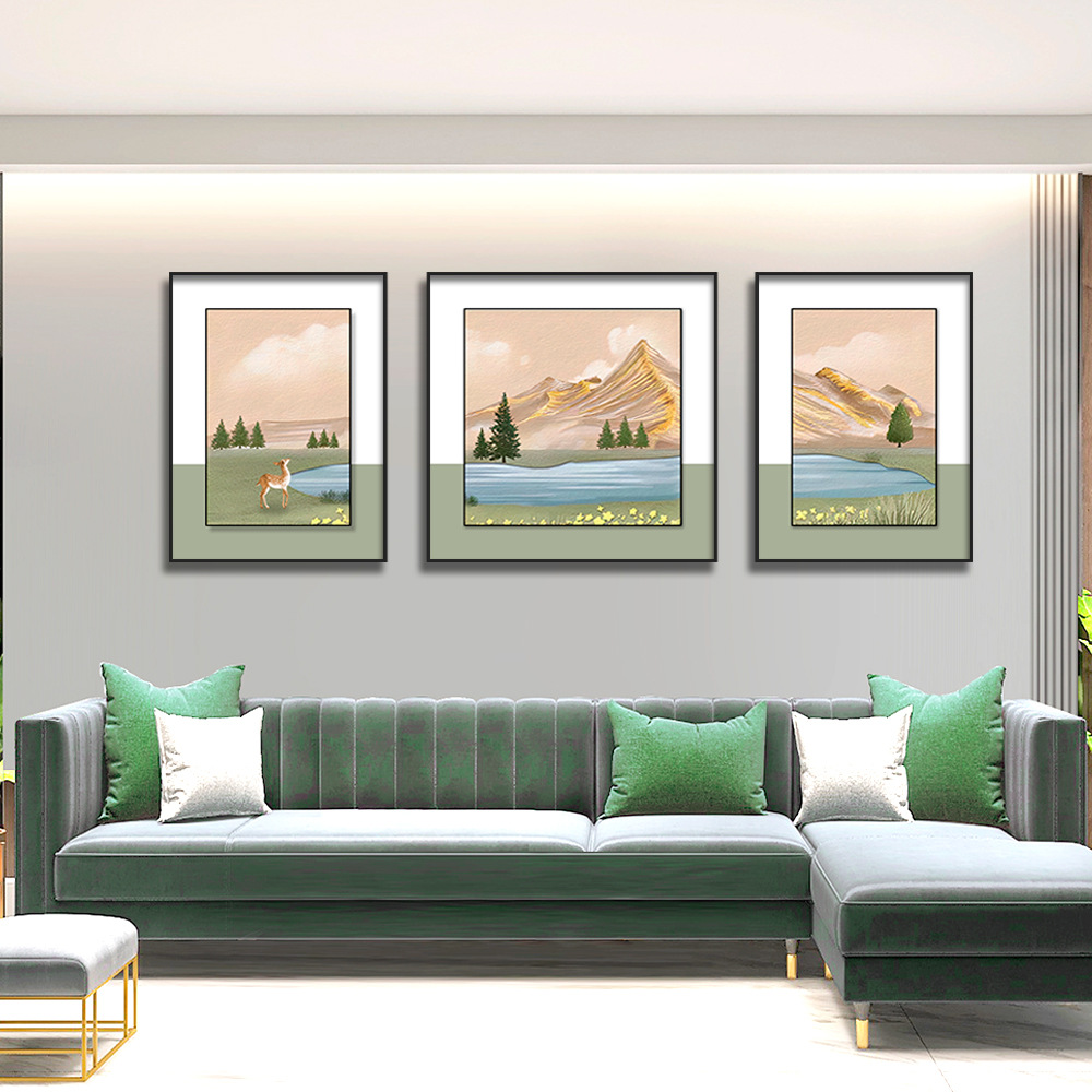 Sofá pared de fondo pintura triple tallada textura de cuero bronceado paisaje pintura decorativa sala de estar sofá pared de fondo