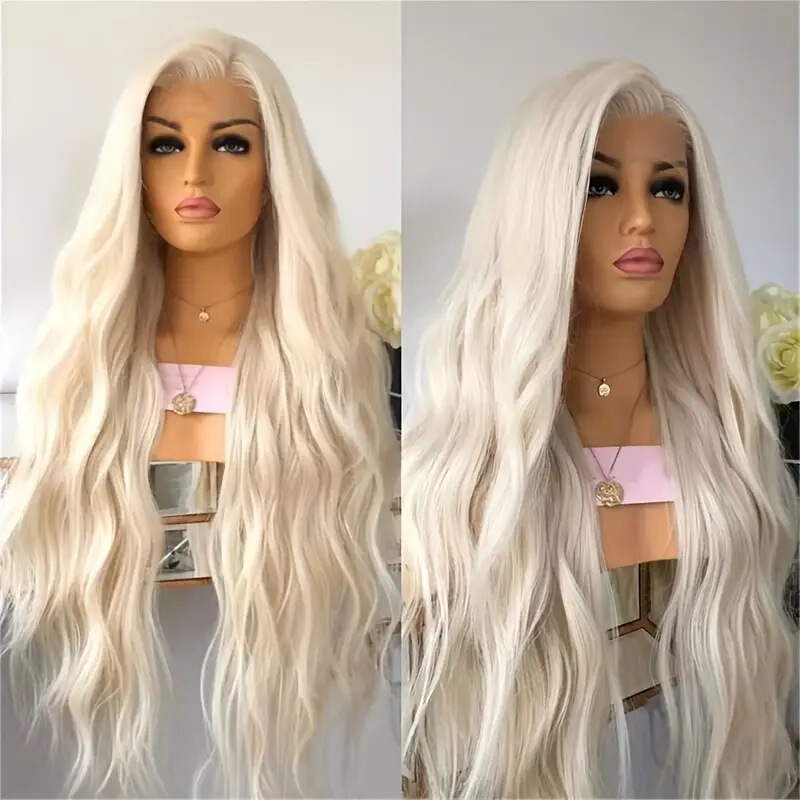 Temu Hot-Selling Platinum Blonde Front Lace Hand-Crocheted Wig, High-Temperature Synthetic Fiber Cosplay Long Curly Hair, Dropshipping Available