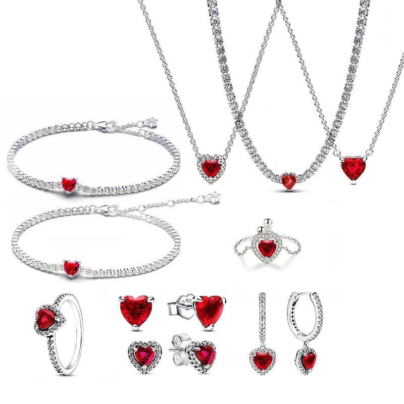 Cross-Border Hot-Selling Ring Earrings for Women Copper-Plated S925 Silver Heart-Shaped Tennis Bracelet Set Red Diamond Zircon Necklace Gift