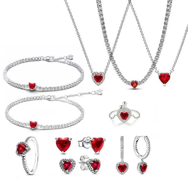 Cross-Border Hot-Selling Ring Earrings for Women Copper-Plated S925 Silver Heart-Shaped Tennis Bracelet Set Red Diamond Zircon Necklace Gift