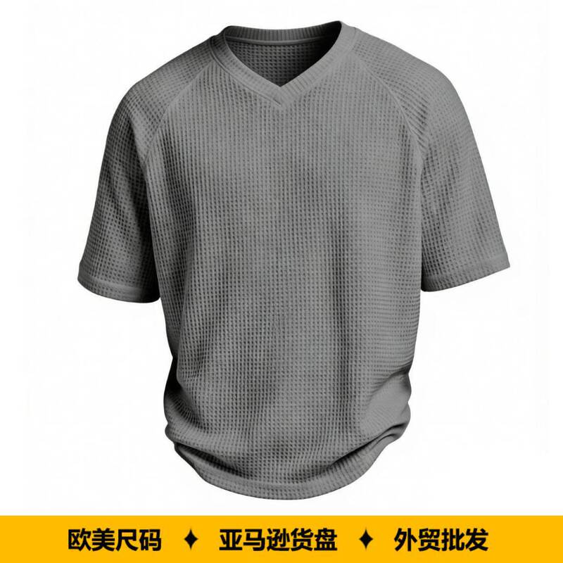 Cross-Border European and American Spring and Summer Amazon Summer Men's V-Neck Raglan Waffle Short-Sleeve Fashion Casual Knit T-Shirt