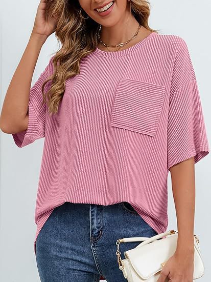 cross-border European And American Women's Summer Short-sleeve Pocket Top, Oversized Round-neck Textured Casual_ecoleips.com
