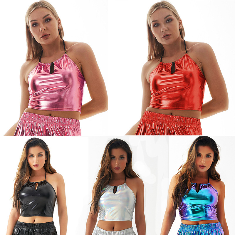 Foreign trade Women's neck strapless sexy backless metal patent leather suspenders sexy slim vest a generation of hair Foreign trade Women's neck strapless sexy backless metal patent leather suspenders sexy slim vest a generation of hair