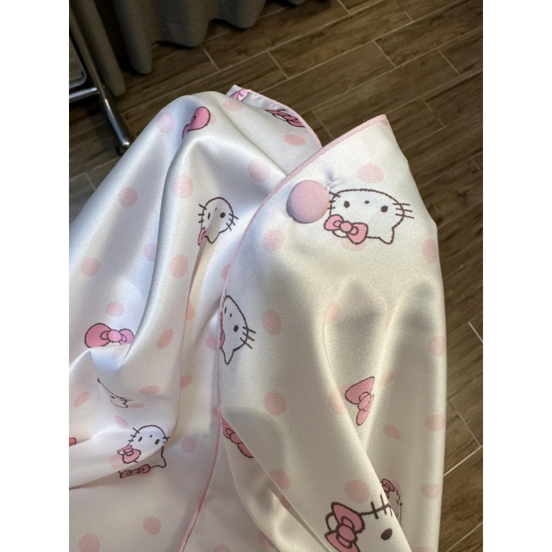 韩版甜美卡通凯蒂猫缎面冰丝睡衣女春秋款2025新款裸感家居服套装|undefined