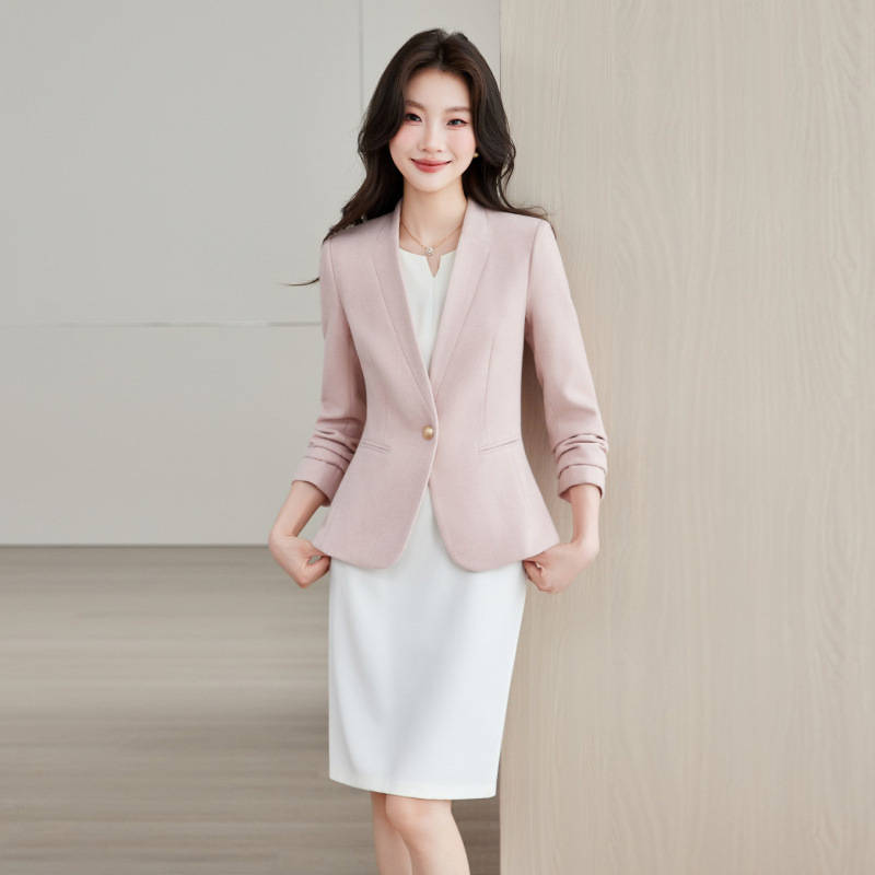 Pink collarless blazer and dress two-piece set for women, autumn high-end commuter fashion petite suit Pink collarless blazer and dress two-piece set for women, autumn high-end commuter fashion petite suit