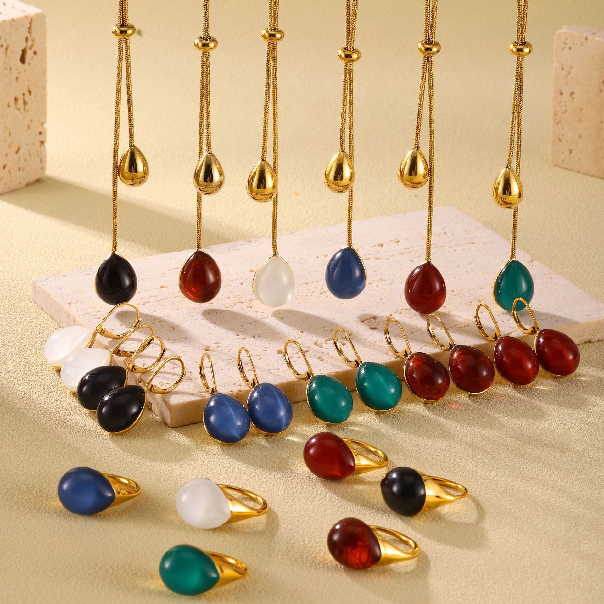 Square Candy Multi-color Droplet Shaped Resin Pendant, Pull-out Sweater Necklace, Ring, Earring, Stainless Steel Set For Women_voghion.com