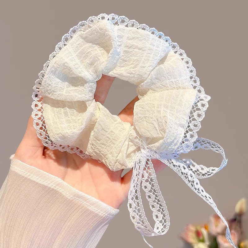 Accesorio para el cabello de estilo francés para mujer, pañuelo cuadrado simple, coletero de gran tamaño con ribete de encaje.