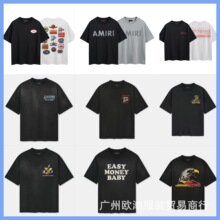 Am 侃爷美式潮牌字母水洗做旧刺绣情侣高街休闲纯棉圆领短袖t恤夏