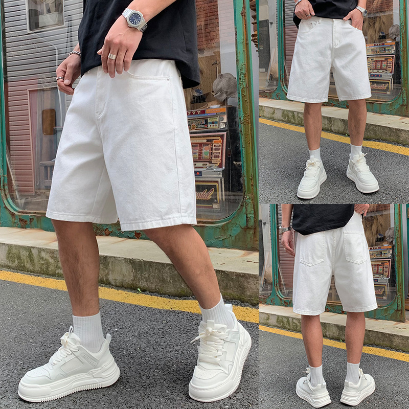 White Straight Denim Shorts Men's Summer Trendy Brand High Street Outdoor Casual Pants High-end Feeling New-style Handsome Mid-length Pants