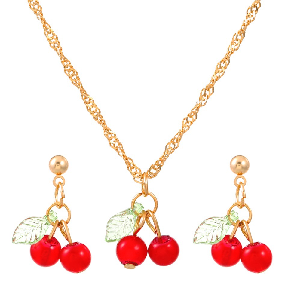 Cross-border cherry red necklace earrings suit light luxury niche design clavicle chain elegant exquisite suit jewelry for women