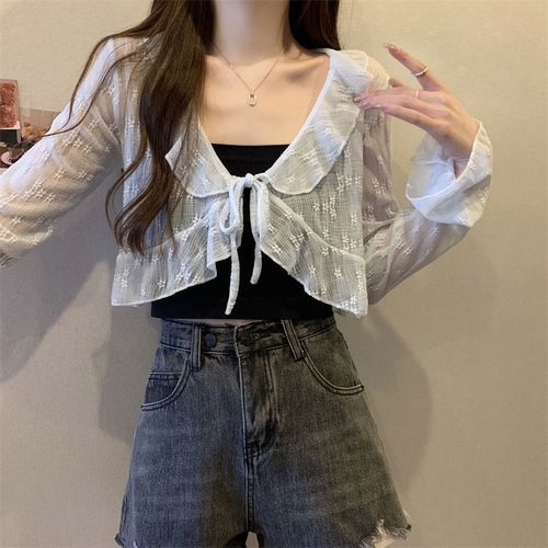 Summer new style ruffled lace sun protection cardigan feminine holiday style small shawl blouse thin jacket