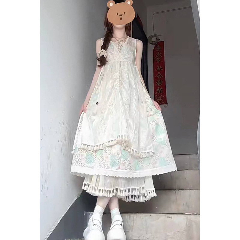 海边度假系复古精致碎花吊带连衣裙流苏蕾丝罩衫裙女生两件套