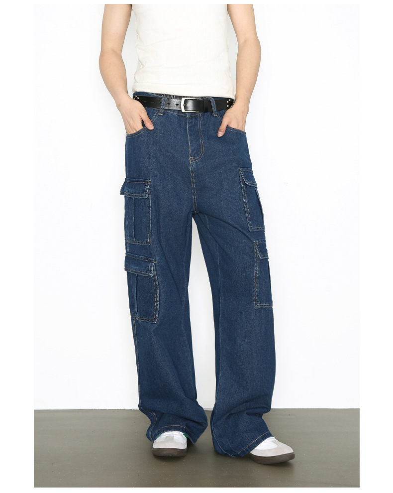 Vintage Washed Denim Cargo Pants - Relaxed Fit Multi-Pocket Workwear Jeans For Men_mkmklike.com
