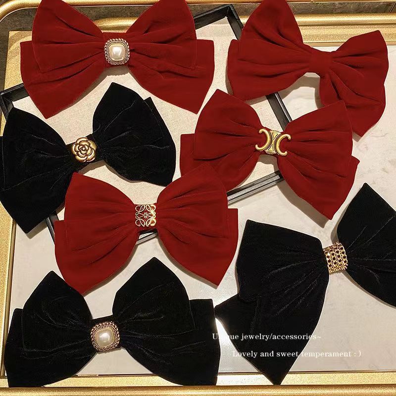 2025 New Red Velvet Bow Hairpin Rich Daughter Black Bow High-End Top Clip Hairpin