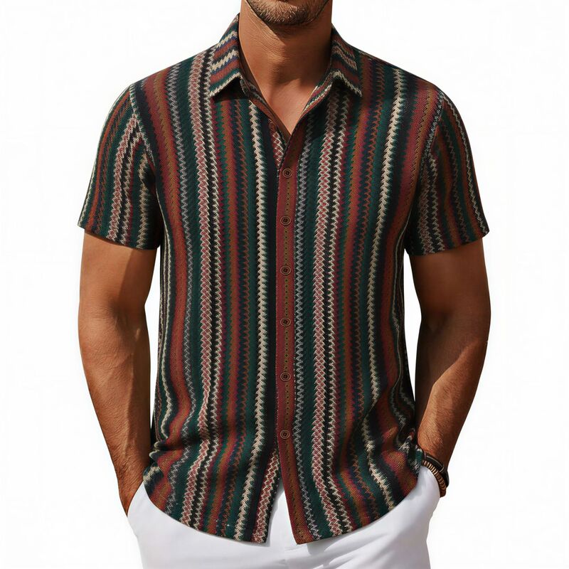 Foreign Trade Cross-Border Men's Clothing Summer New Style Men's Ethnic Style Striped Shirt Casual Hollow Lace Shirt A04031