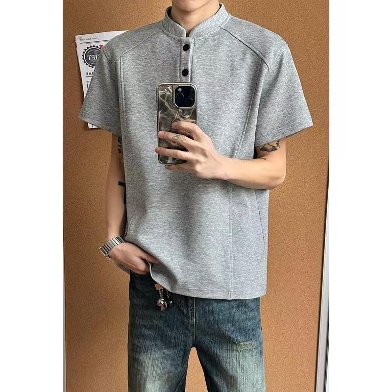 Summer Casual Henry Collar Straight-Shoulder Patchwork Half-Sleeve T-Shirt for Men, American-Style Heavyweight High-Street Design Loose Top Summer Casual Henry Collar Straight-Shoulder Patchwork Half-Sleeve T-Shirt for Men, American-Style Heavyweight High-Street Design Loose Top