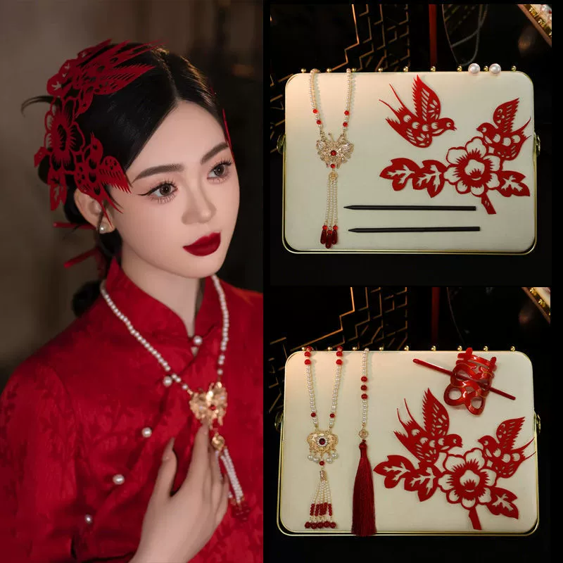 Hair accessory for bride, velvet Hanfu, red origami, classic cheongsam, Chinese style