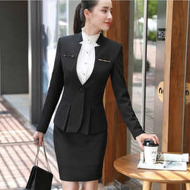 2023春秋冬长袖正式正装女裙套裤面试销售职业西服OLV领工作服937