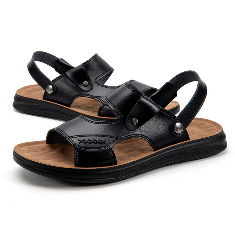 Dép sandal nam quai ngang hở ngón chất liệu da PU chống trơn thoáng khí — Nâu Đen, Nâu đậm, Đỏ rượu