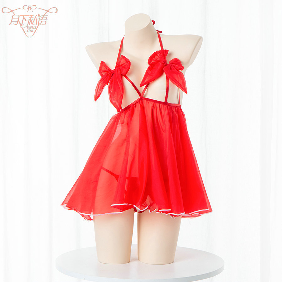 新款情趣內衣紅色免脫挑逗透視镂空性感綁帶吊帶裙睡衣套裝