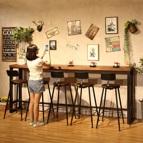 Solid Wood Bar Counter Table Home Use Balcony Wall-Hanging Narrow Table Long Counter Table Milk Tea Shop Bar High-Stool Table and Chair Set Commercial