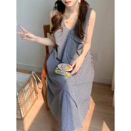 实拍2025夏季韩版睡衣格纹设计感前后两穿无袖背心家居服睡裙女