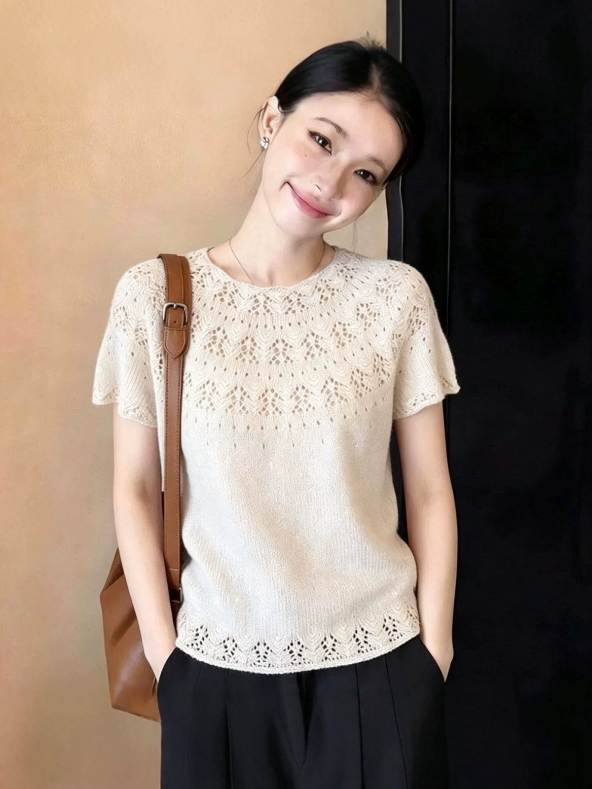Áo thun nữ tay ngắn cổ tròn phong cách quý cô mùa xuân hè — tím hoa cà