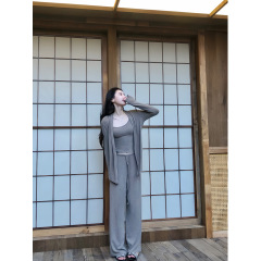 慵懒简约百搭灰色针织背心开衫休闲裤睡衣女秋季新款可外穿三件套