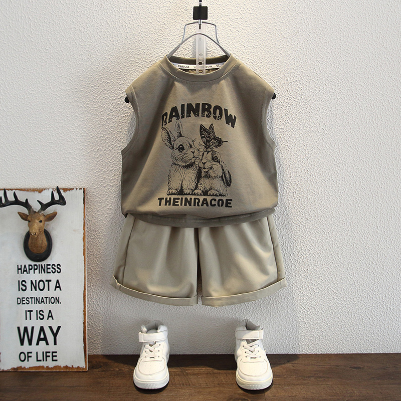 5489 Ropa para niños Traje sin mangas de verano para niños 2025 Nuevo estilo Estilo occidental Chalecos para bebés Niños Han Fanxia Dos piezas