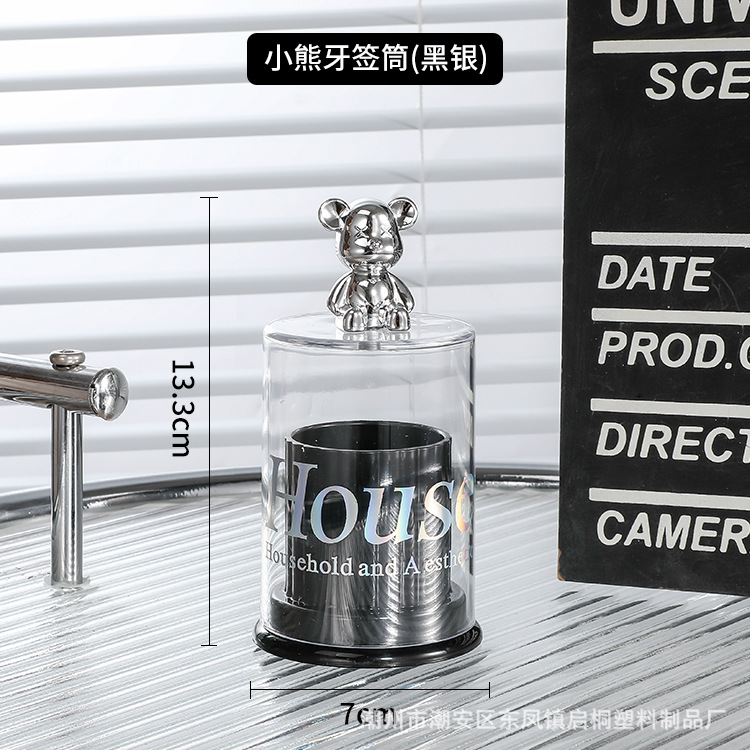 Red roja de alto aspecto oso palillo de dientes titular de la caja de palillo de dientes de acrílico titular de palillo de dientes creativo hogar hisopo de algodón jarra de almacenamiento