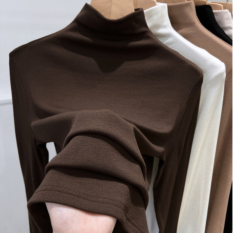 Cross-border Warm Velvet Half-high Collar Solid Color Base Shirt Slim-fit Slimming Western Style Long-sleeved T-shirt Top for Women