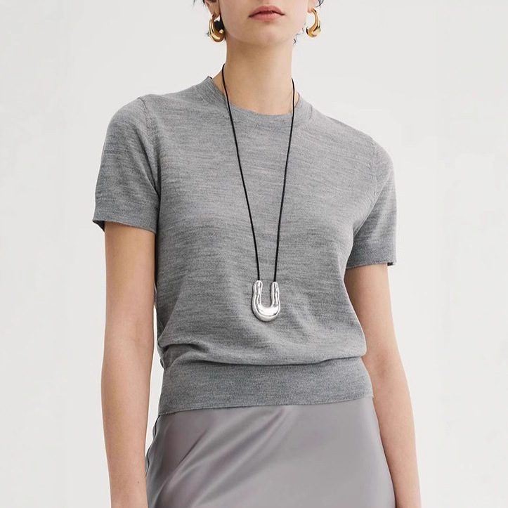 Merino Wool Short-Sleeved Thin Round Neck Wool Knitwear Women's High-End Simple Elegant Commuter T-Shirt