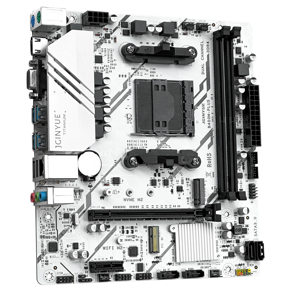 Материнская плата JGINYUE B450M PLUS (AM4) — DDR4 2 слота, M.2 NVMe, Realtek гигабит