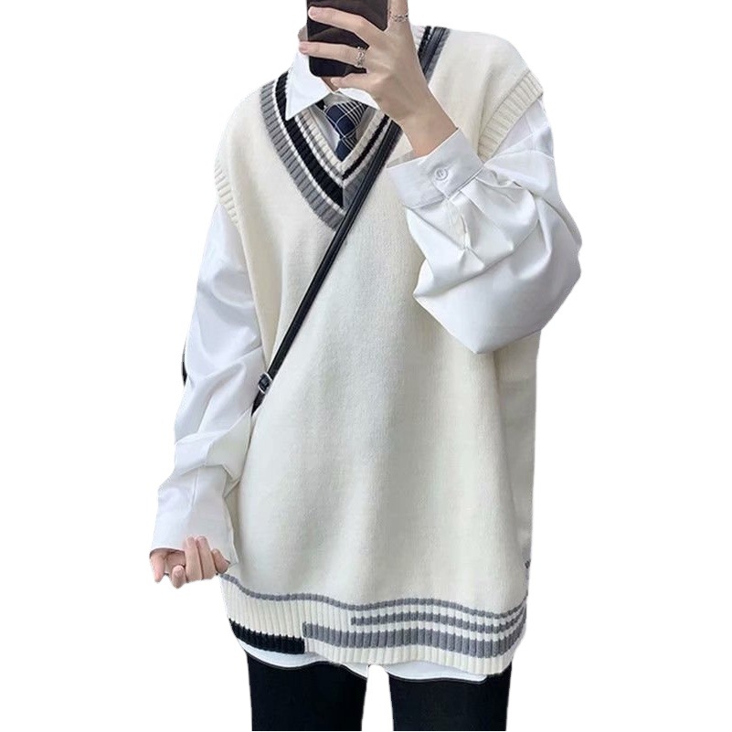 College Style Couple's Artistic Knitted Sleeveless Sweater Vest Men's Wool Vest Men's Autumn and Winter Fashionable Inner Wear