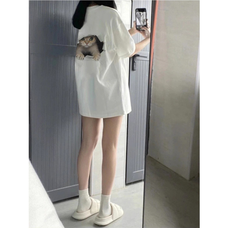 Pure Cotton Trendy Brand Cute Cat Round Neck Short-Sleeved T-Shirt Loose Large Size Couple Genderless Men and Women Same Style Short-Sleeved Trendy