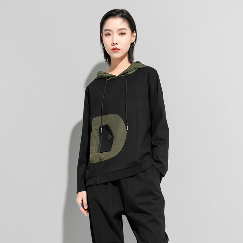 European and American Spring and Summer New Women's Hooded Stitching Glitter Cloth Fashion Trendy ins Style Long Sleeve T-shirt Women's Top