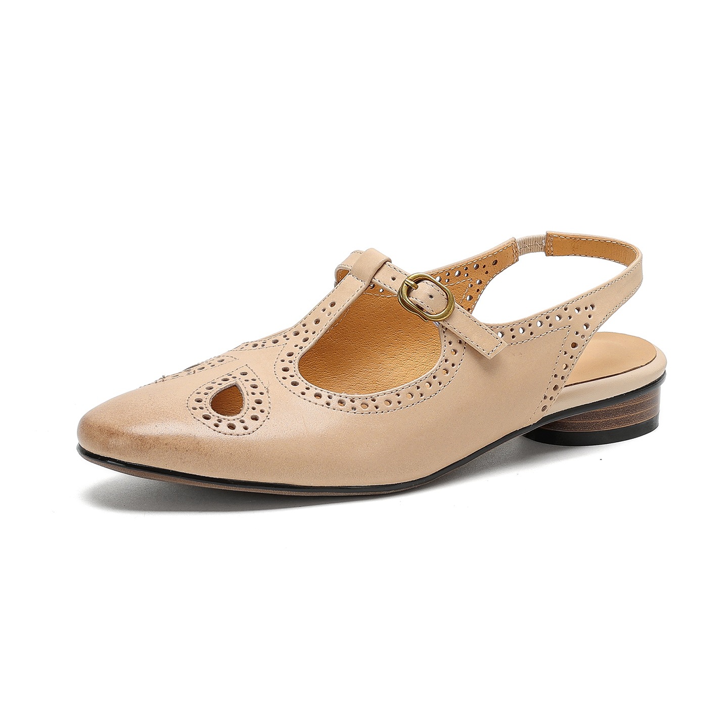 Sandal nữ quai ngang mũi kín da bò cổ điển gót thấp — màu nâu