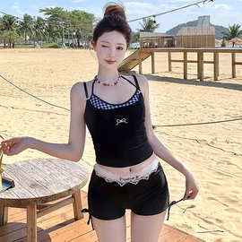 2025新款纯欲风三件套性感格纹蝴蝶结刺绣吊带平角裤分体沙滩泳装