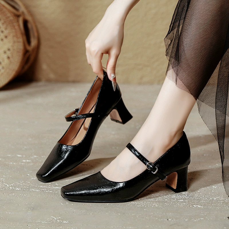 Французские высокие каблуки Mary Jen толстые каблуки 2025 новые весенние и осенние большие размеры женские туфли черного темперамента