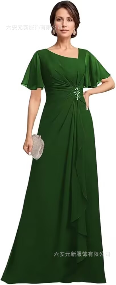 Vestido de novia de gasa de Amazon vestido de madre mariposa de manga corta plisada larga aplicación vestido de invitado de boda