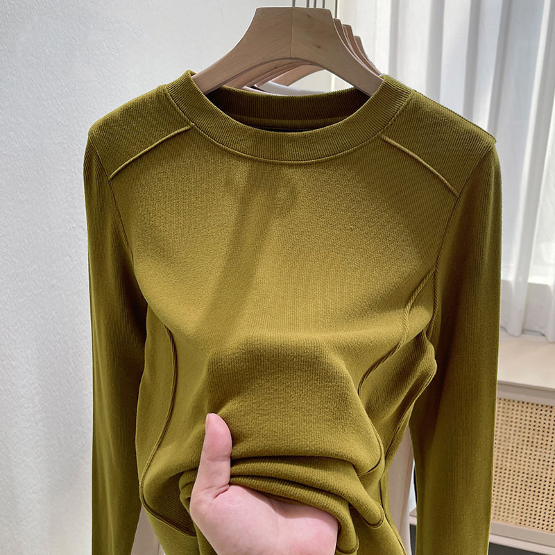 European Fleece Solid Color Long-sleeved T-shirt Women's Spring Autumn and Winter New Slim-fit Warm Top Outer Wearing Inner Base Shirt