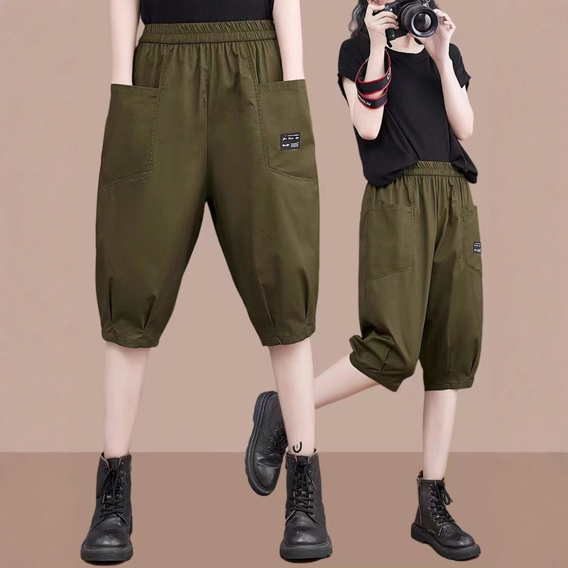 2025 Summer Thin Large Pocket Casual Six-Point Pants Plus Size Women's Loose Comfortable Age-Reducing Elastic Cargo Pants 2025 Summer Thin Large Pocket Casual Six-Point Pants Plus Size Women's Loose Comfortable Age-Reducing Elastic Cargo Pants