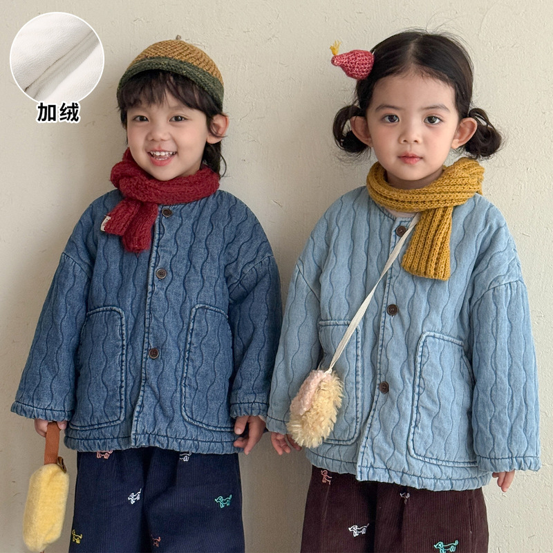 Children's denim cotton jacket with fleece lining, girls' autumn and winter clothing, boys' cotton coat, 2026 new model baby padded jacket