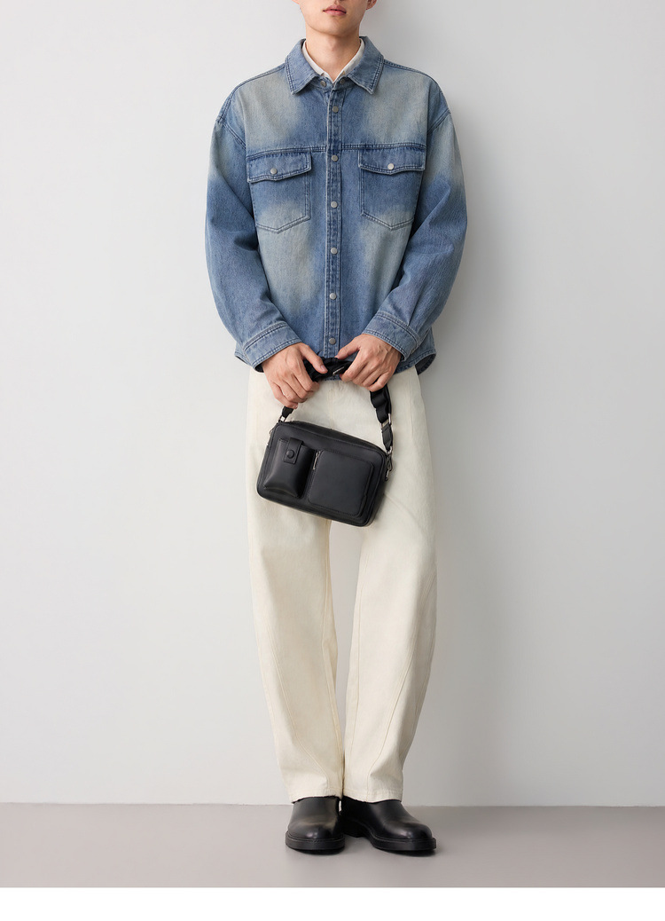 Áo sơ mi denim nam phong cách đường phố, hiệu ứng mài trắng làm cũ, hai túi ngực — Cao bồi xanh chi tiết 17