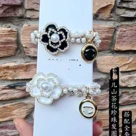 香家新款DIY精美珍珠山茶花发圈金色双C标志点缀优雅大方