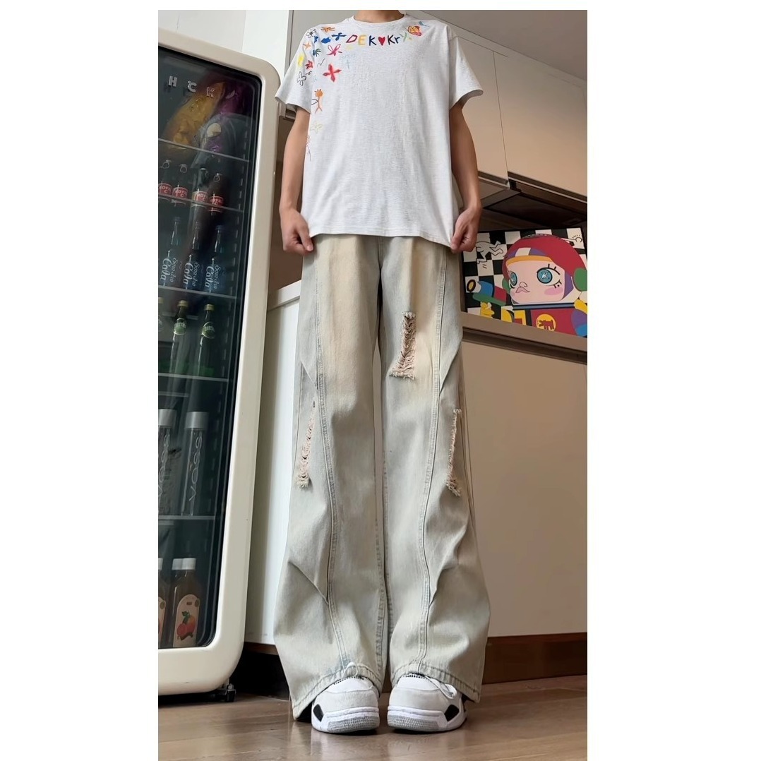 American Retro Versatile Ripped Jeans for Men, Summer Trendy Brand, Stylish Street Pants, High Street Wide-Leg Scimitar Pants