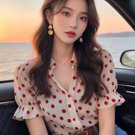 今年流行波点漂亮港风复古花衬衫百搭清凉女夏上衣气质粉色波点